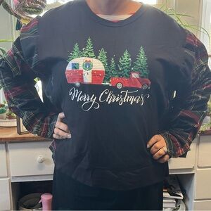 Upcycled size Large Merry Christmas handmade plaid shirt sweatshirt camper truck